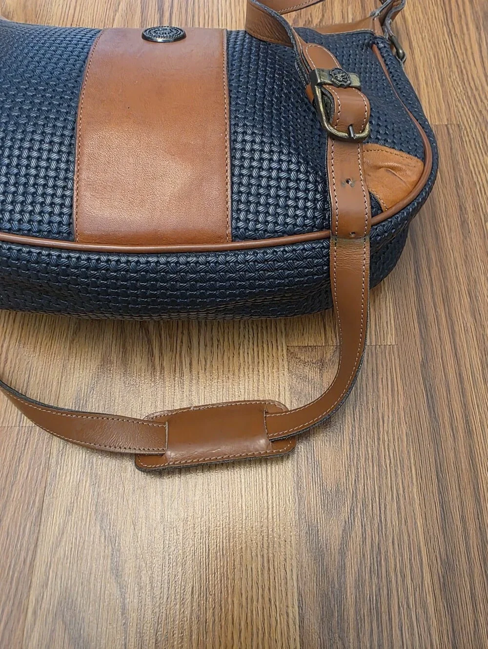 Vintage John Romain Navy Blue Tan Two Tone Shoulder Bag Crossbody Purse Textured